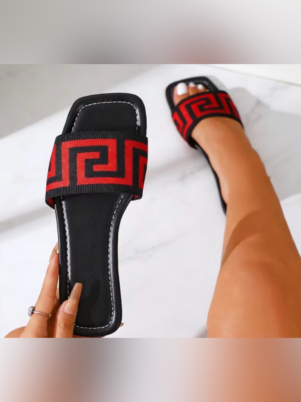 Women’s Black Slide Sandals with Red Pattern Strap